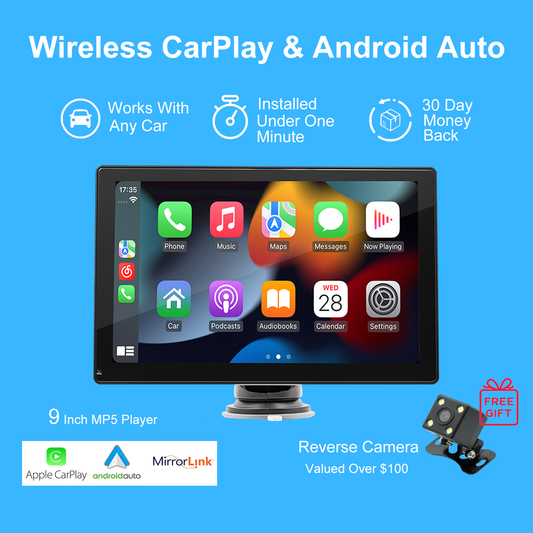 2024 Portable Wireless Carplay Screen for Car Apple Carplay & Android Auto, 9 Inch HD Touch Screen Car Stereo with 1024P Backup Camera/Bluetooth 5.0/Mirror Link/Voice Control/Aux/FM/TF Card Fits Cars