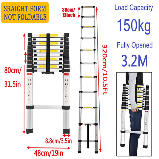 Telescoping Ladder 3.2M / 10.5ft Aluminum Folding Telescopic Ladder Portable Lightweight Collapsible Ladder for Home Loft,330lb - Homevor